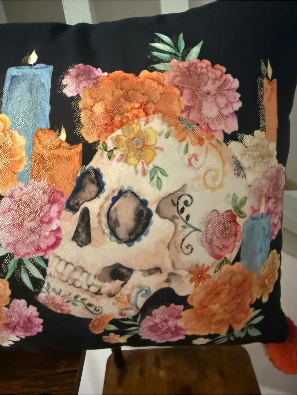 Skull Floral Lumbar Pillow - Black